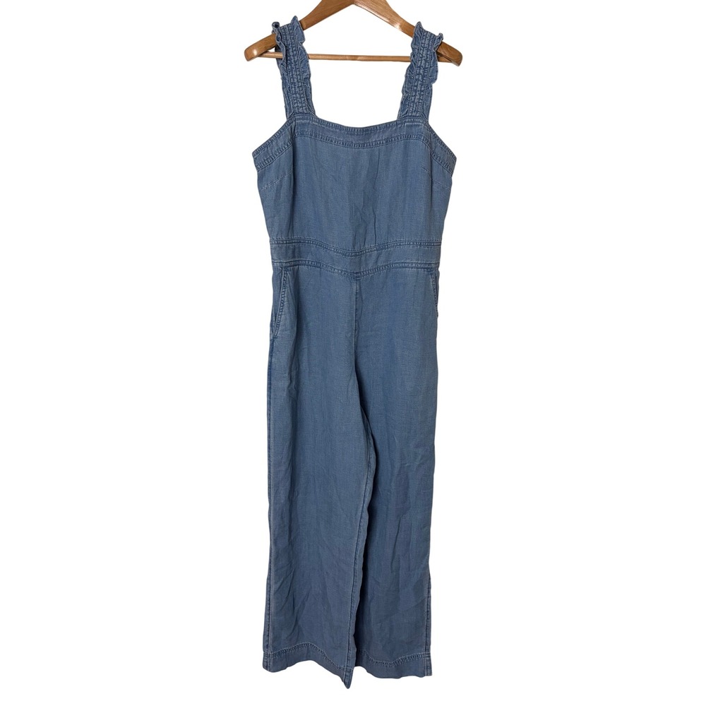 LOFT Womens Blue Chambray Ruffle Strap Wide Leg Jumpsuit Size 0 NWT